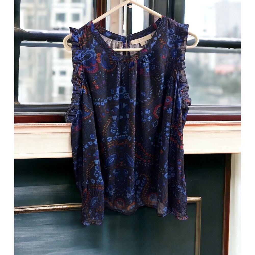 Loft Women's‎ Size Large Blouse Blue Cold Shoulder Long Sleeve Floral Shirt Top